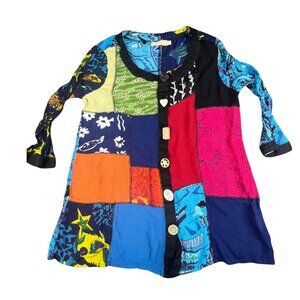 LA CERA Patchwork Boho Button-Front Tunic Top – Multicolor, Size M